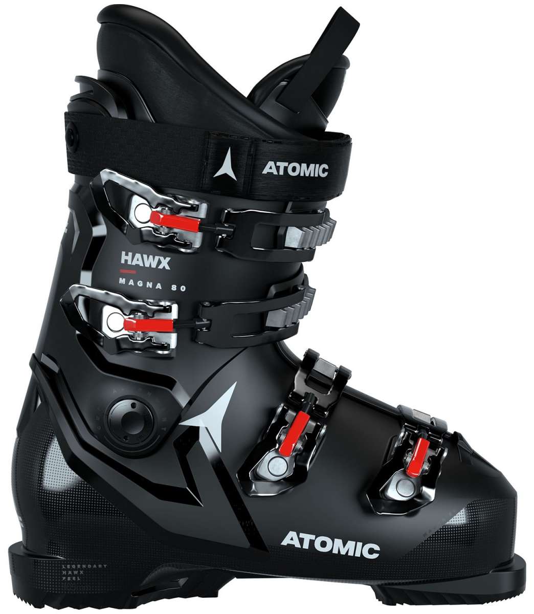 Atomic Hawx Magna 80 - Black ski boots with silver buckles and red accents.
