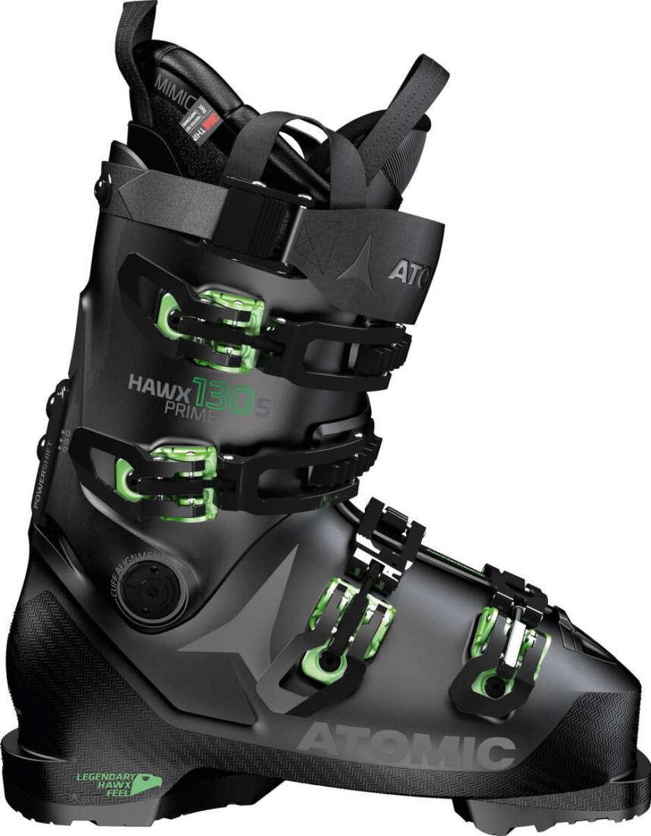 Atomic Hawx Prime 130 S GW Ski Boots 2021-2022 - Black ski boots with green accents and buckles.