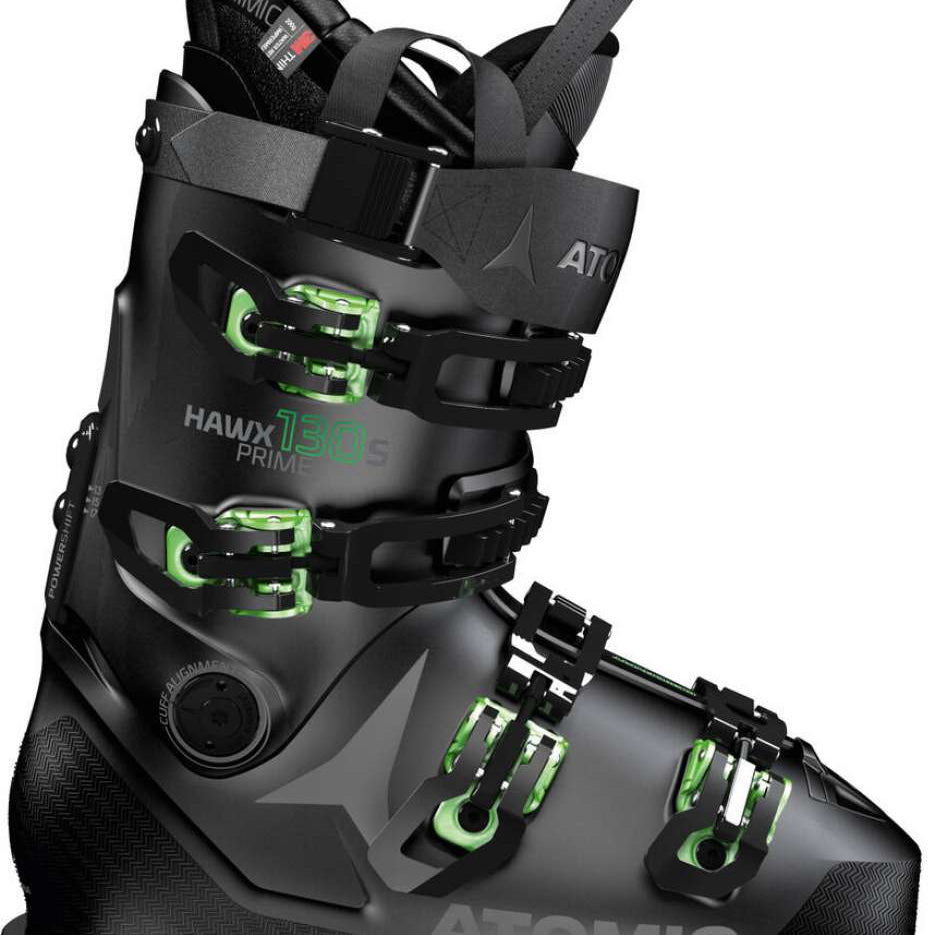 Atomic Hawx Prime 130 S GW Ski Boots 2021-2022 - Black ski boots with green accents and buckles.