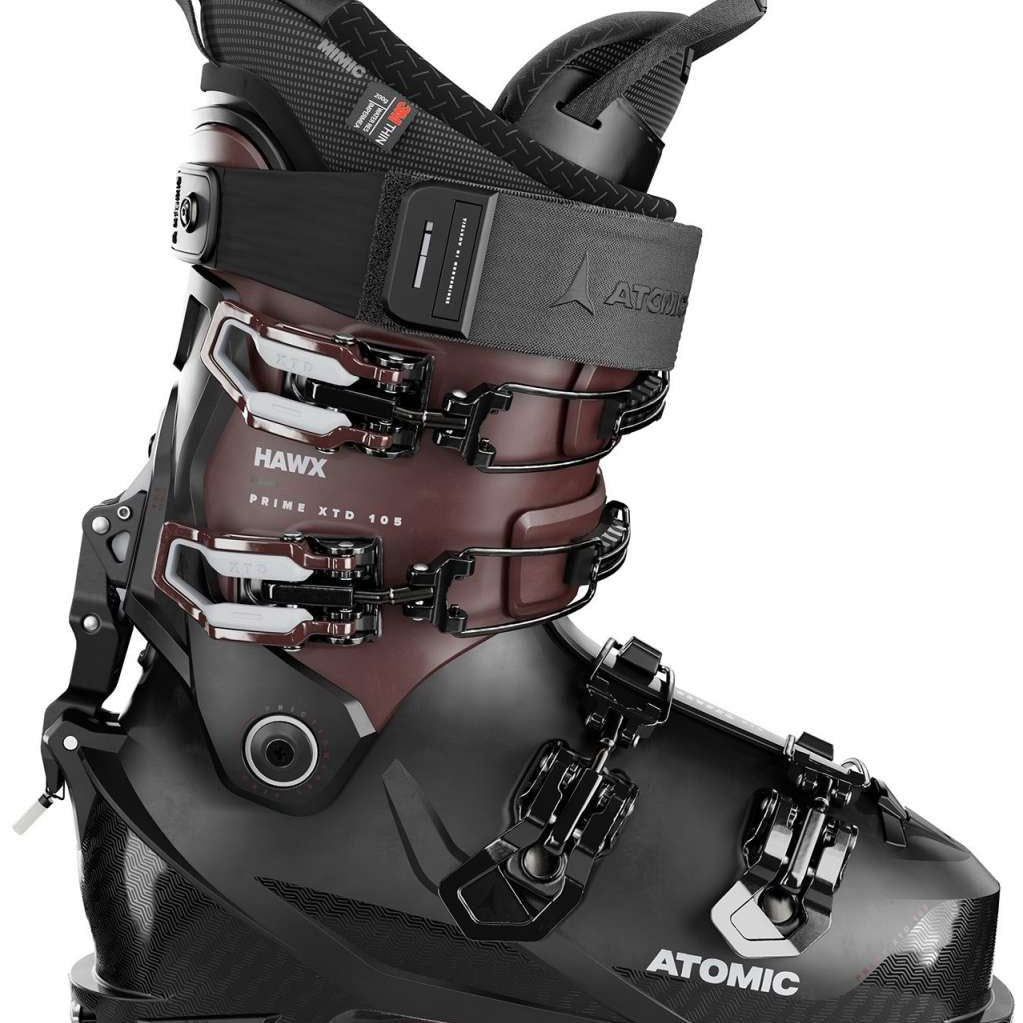 Atomic Women's Hawx Prime XTD 105 Ski Boot 2024 - Black ski boot with silver buckles and straps, featuring a textured pattern on the side.