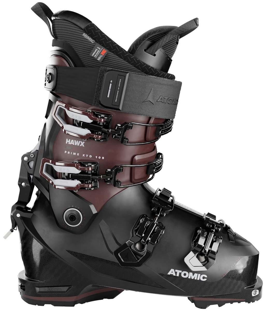 Atomic Women's Hawx Prime XTD 105 Ski Boot 2024 - Black ski boot with silver buckles and straps, featuring a textured pattern on the side.