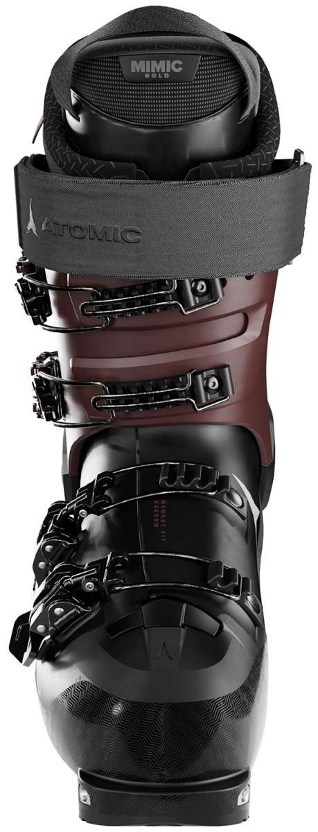 Atomic Women's Hawx Prime XTD 105 Ski Boot 2024 - Black ski boot with a textured pattern on the tongue and heel, featuring a strap closure system.