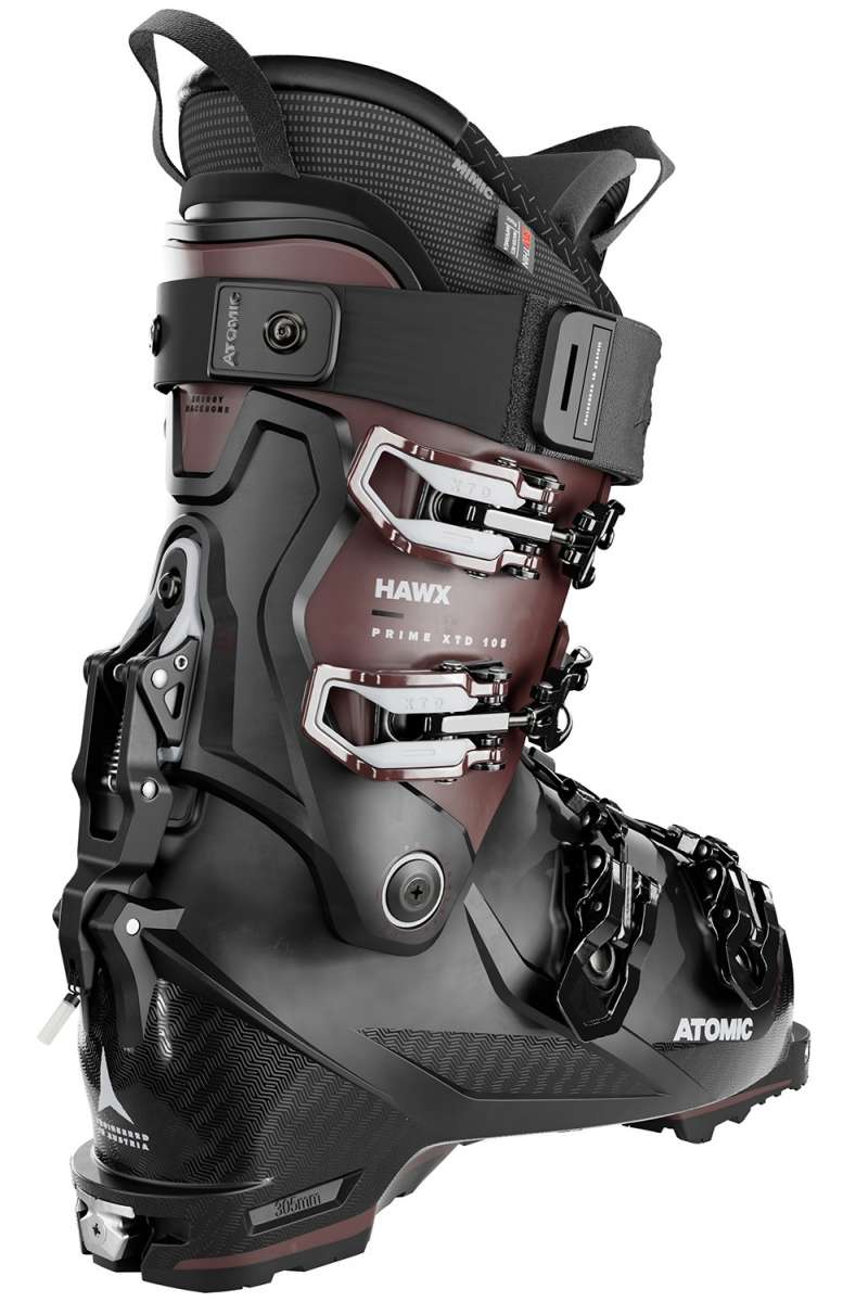 Atomic Women's Hawx Prime XTD 105 Ski Boot 2024 - Black ski boot with silver buckles and straps, featuring a textured pattern on the side.