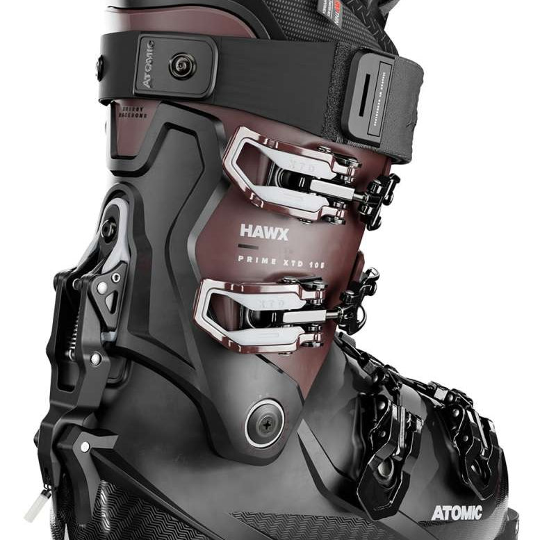 Atomic Women's Hawx Prime XTD 105 Ski Boot 2024 - Black ski boot with silver buckles and straps, featuring a textured pattern on the side.