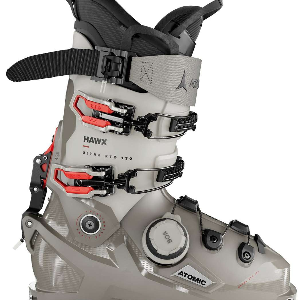 Atomic Hawx Ultra XTD 130 BOA Ski Boots 2024 - White ski boots with red accents and black buckles.