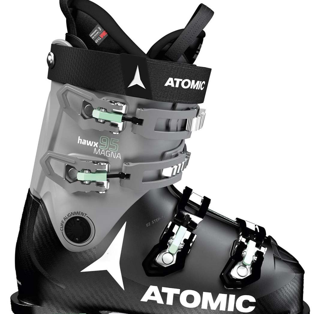 Atomic Women's Hawx Magna 95 Ski Boot 2022 - A gray ski boot with a white star logo on the side and silver buckles.