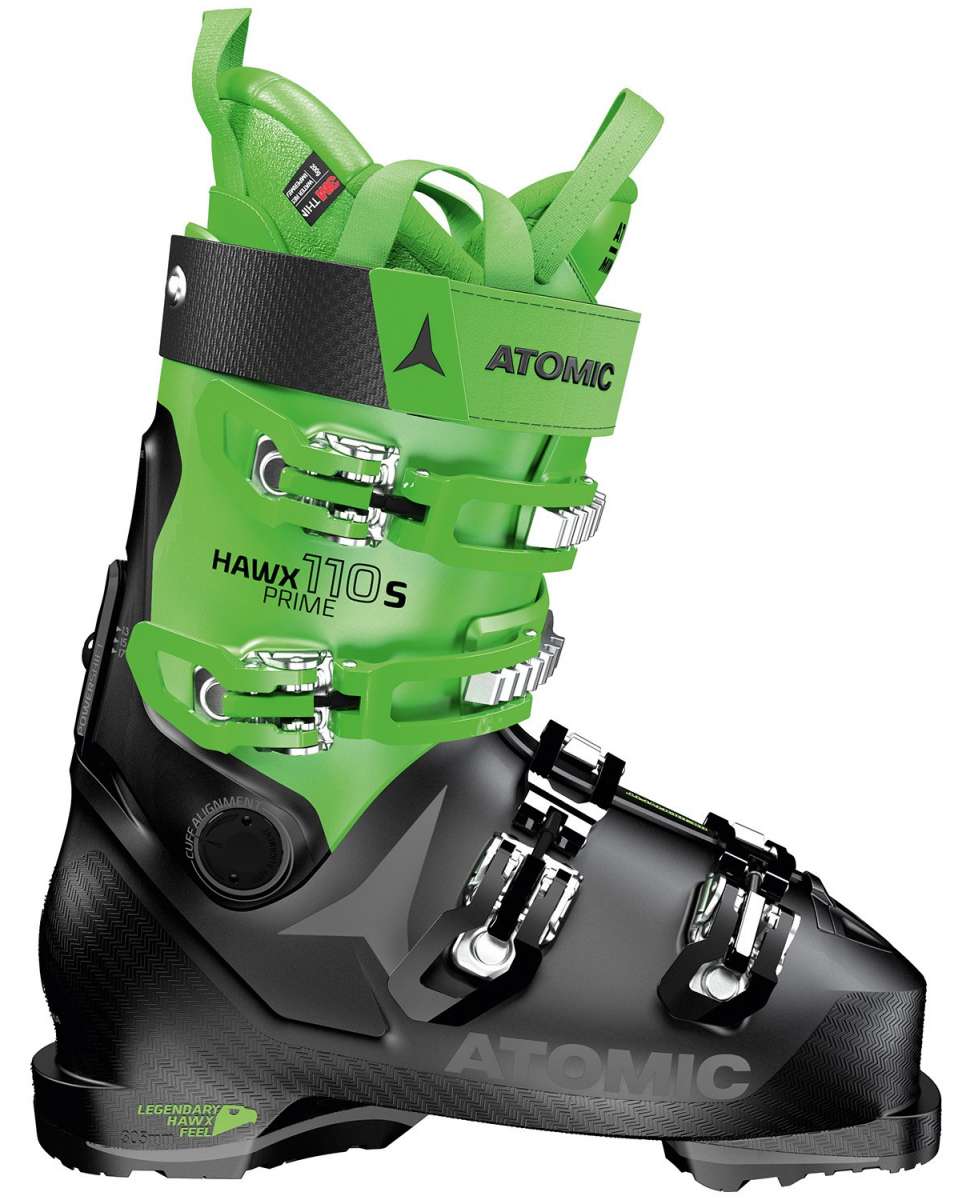 Hawx Prime 110 S GW Ski Boots 2021-2022 - Lime green and black ski boots with silver buckles, featuring a textured pattern on the toe box.