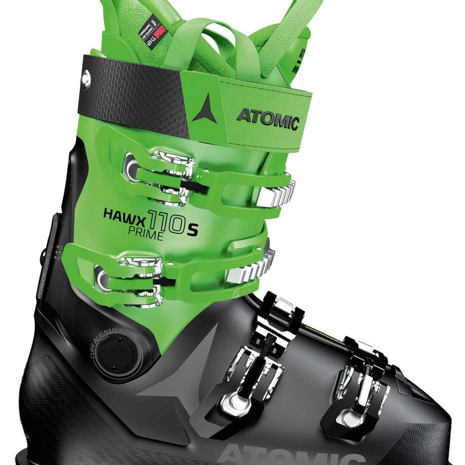 Hawx Prime 110 S GW Ski Boots 2021-2022 - Lime green and black ski boots with silver buckles, featuring a textured pattern on the toe box.
