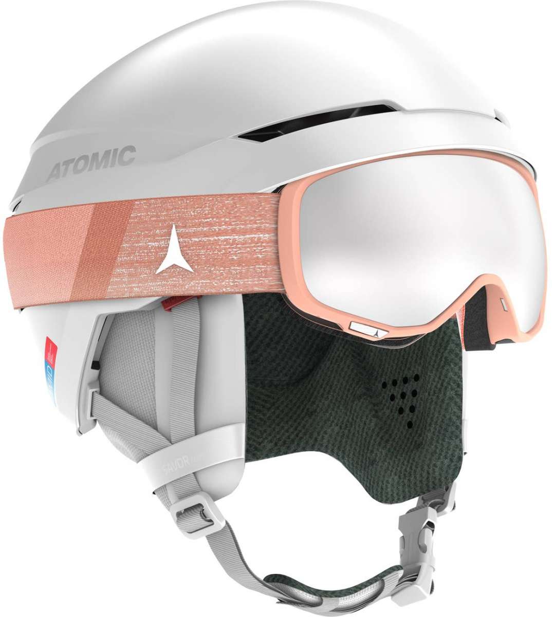 Atomic Savor Amid Helmet 2022-2023 - A white helmet with a gray visor and chin strap, featuring an Atomic logo on the side.