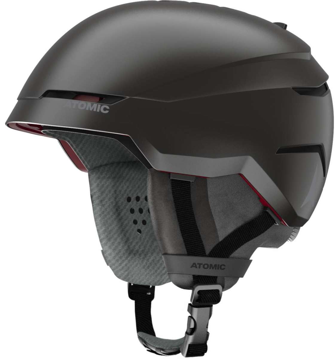 Atomic Savor Amid Helmet 2022-2023 - A matte black helmet with a red visor and white trim around the vents on top.