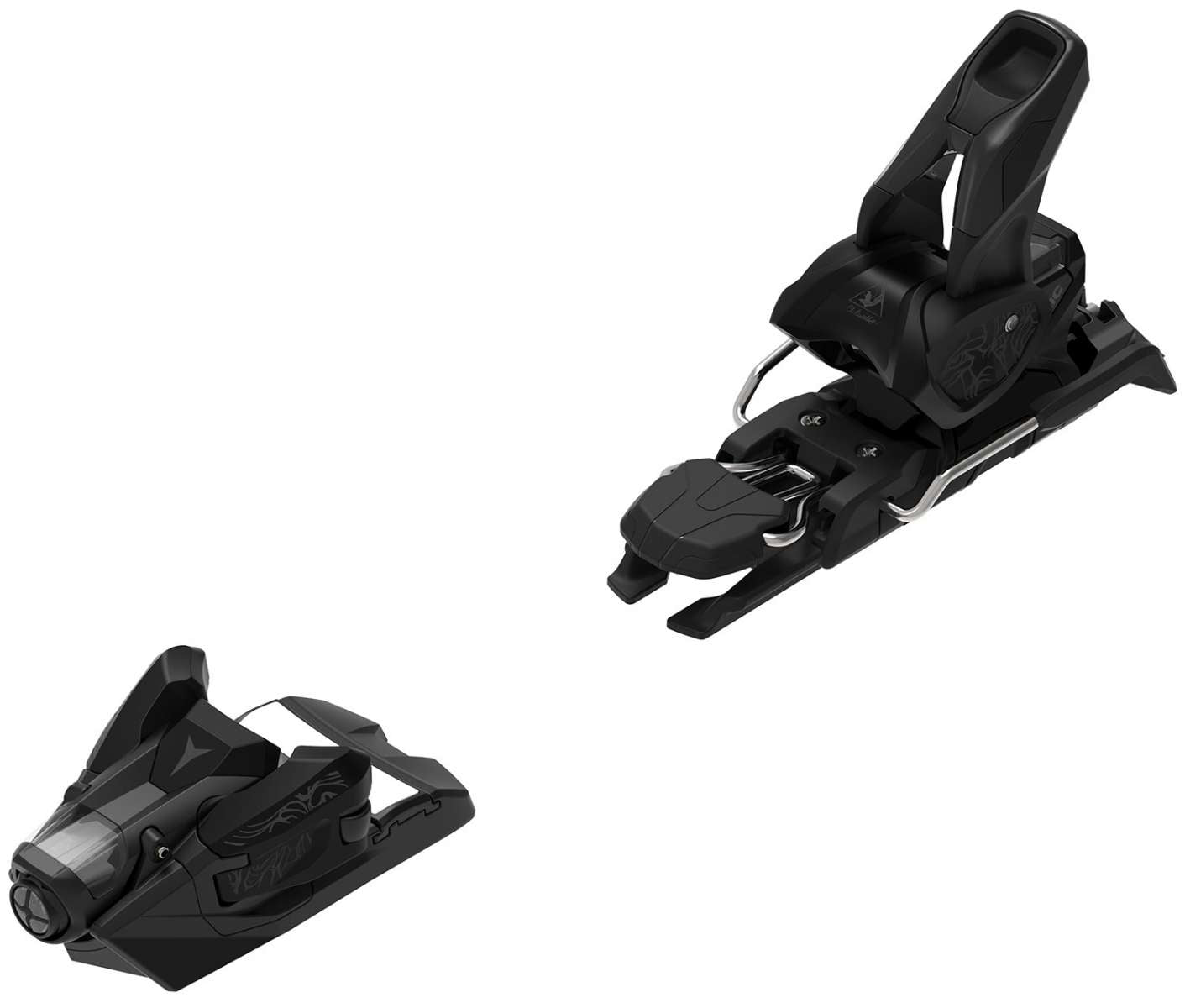 Atomic Strive 12 Binding - Black plastic with silver hardware, angled view of toe piece and pivot.