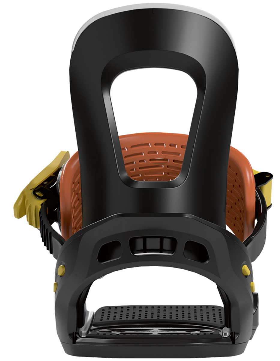 Bataleon Youth's Stuntwood Bindings 2023 - A black and yellow binding with a brown strap on top of a snowboard.