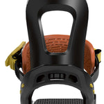 Bataleon Youth's Stuntwood Bindings 2023 - A black and yellow binding with a brown strap on top of a snowboard.