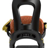 Bataleon Youth's Stuntwood Bindings 2023 - A black and yellow binding with a brown strap on top of a snowboard.