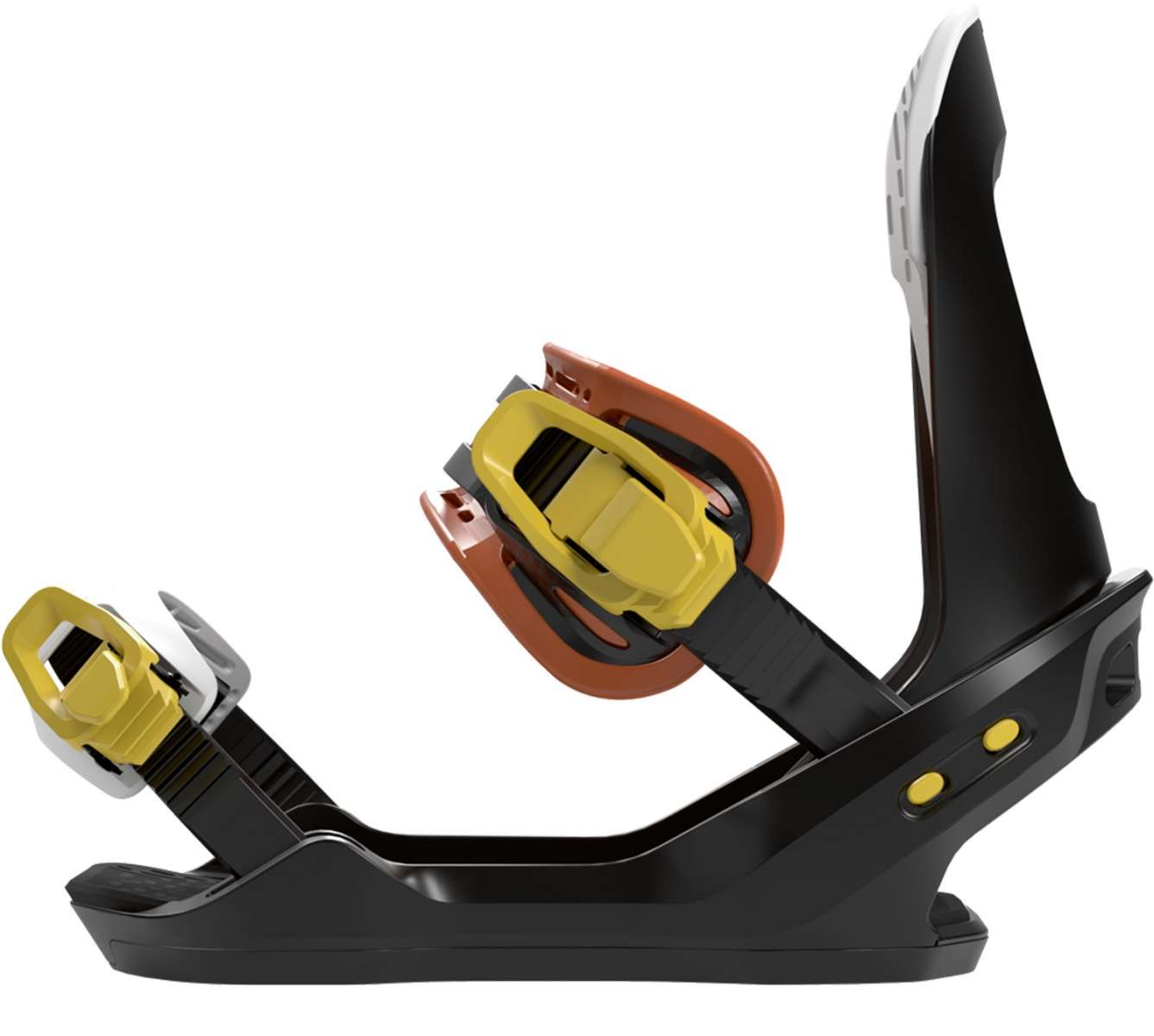 Bataleon Youth's Stuntwood Bindings 2023 - Black bindings with yellow buckles and a brown strap.