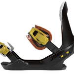 Bataleon Youth's Stuntwood Bindings 2023 - Black bindings with yellow buckles and a brown strap.