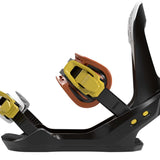 Bataleon Youth's Stuntwood Bindings 2023 - Black bindings with yellow buckles and a brown strap.