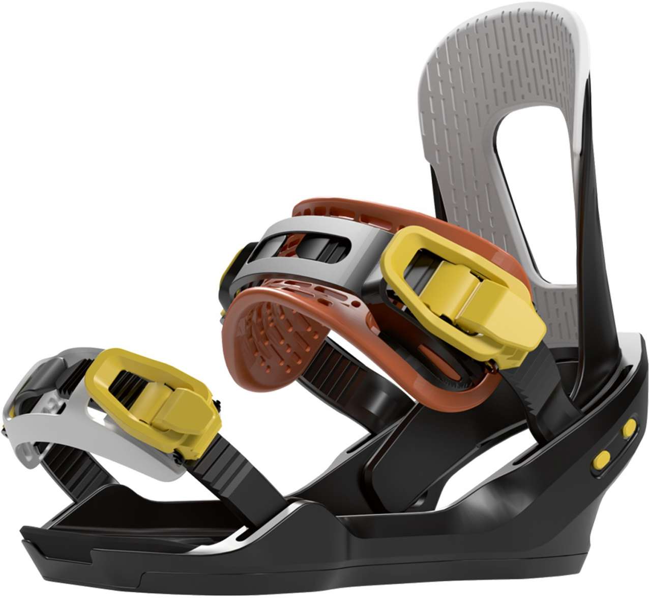 Bataleon Youth's Stuntwood Bindings 2023 - A pair of snowboard bindings with a predominantly black base, featuring yellow buckles and brown straps.