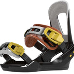 Bataleon Youth's Stuntwood Bindings 2023 - A pair of snowboard bindings with a predominantly black base, featuring yellow buckles and brown straps.