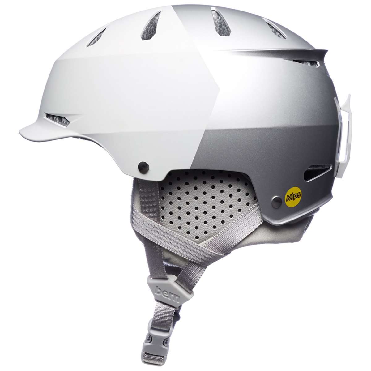 Bern Hendrix MIPS Helmet 2024 - A white helmet with a black visor and chin strap, featuring a sleek design with ventilation holes on top.