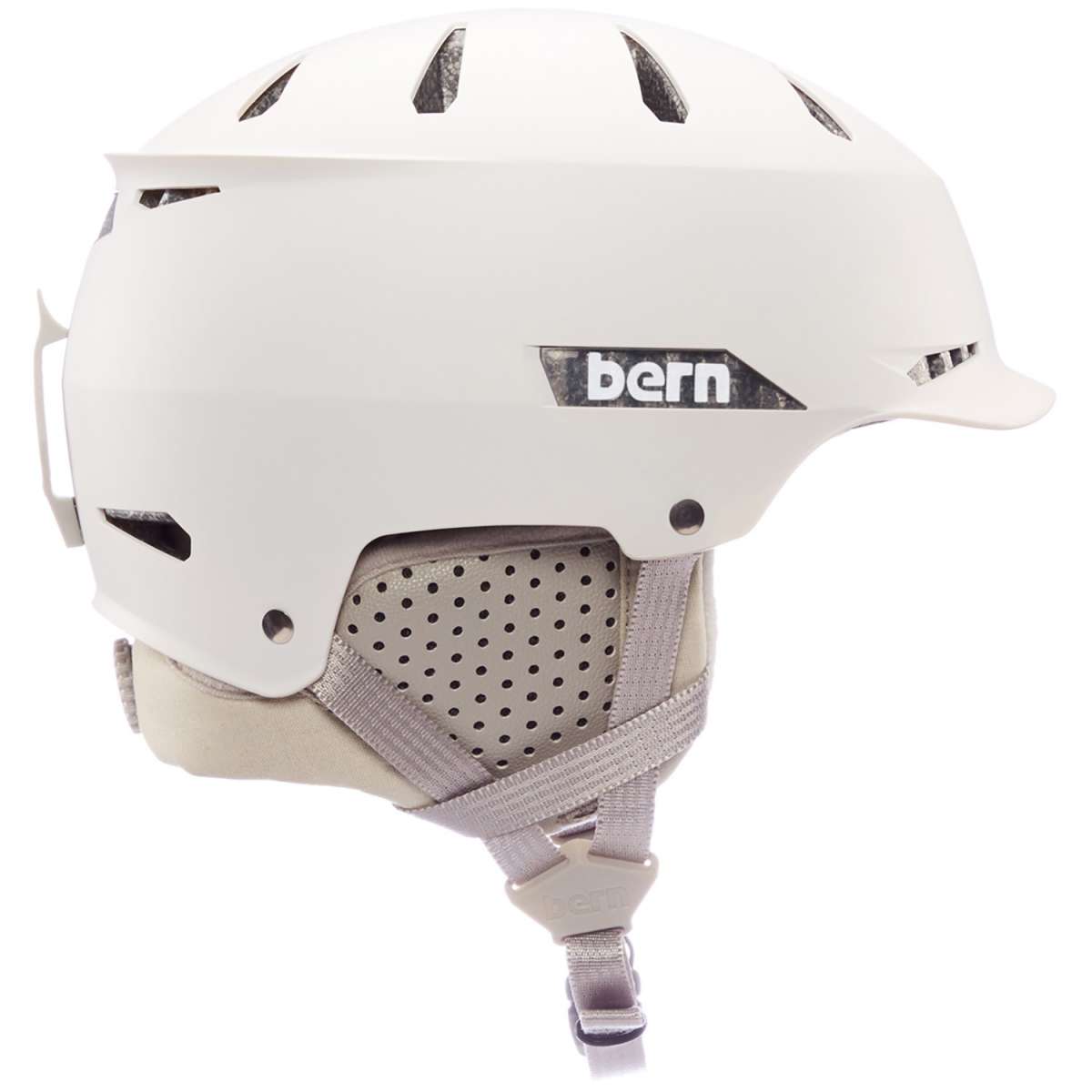 Bern Hendrix MIPS Helmet 2024 - A white helmet with a black visor and MIPS technology, featuring ventilation holes on top and side straps.
