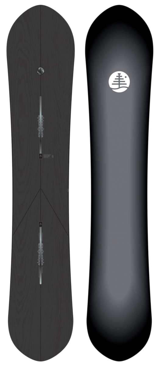 Burton Mystery Juice Wagon Snowboard 2022 - A black snowboard with a white logo featuring a tree and three dots above it.