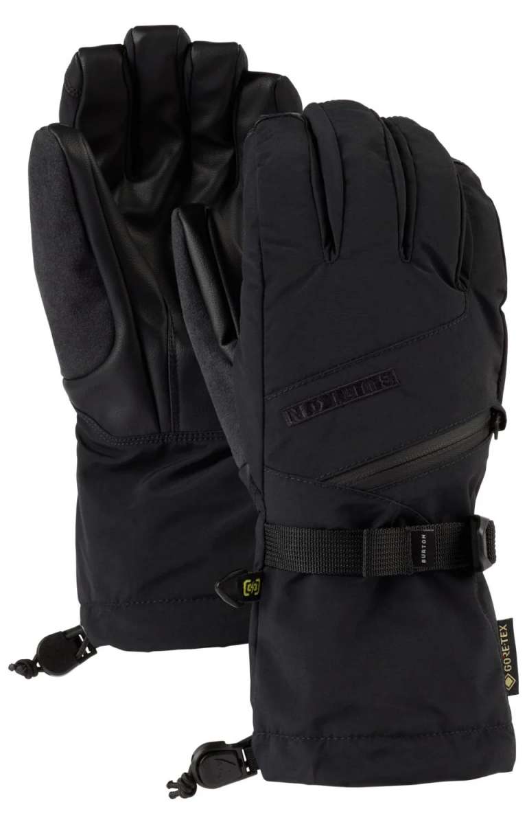 Burton Women's GORE-TEX Gloves - A pair of black gloves with a textured palm and thumb, featuring a zippered pocket on the wrist.