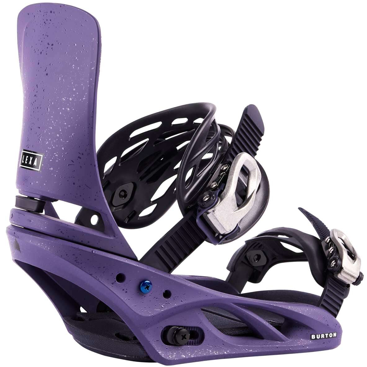 Burton Women's Lexa Snowboard Bindings - A purple snowboard binding with a black strap and buckle, featuring a speckled pattern on the baseplate.