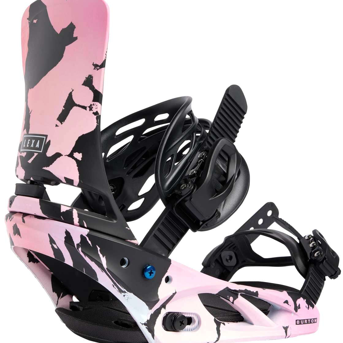 Burton Women's Lexa Snowboard Bindings - A pink and black camouflage patterned snowboard binding with a black strap and buckle.