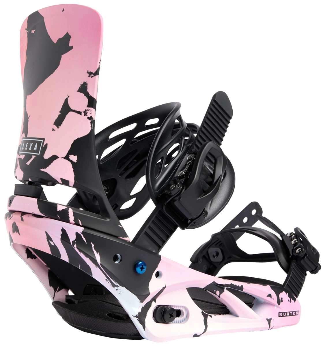 Burton Women's Lexa Snowboard Bindings - A pink and black camouflage patterned snowboard binding with a black strap and buckle.