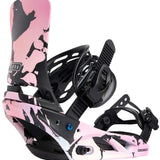Burton Women's Lexa Snowboard Bindings - A pink and black camouflage patterned snowboard binding with a black strap and buckle.