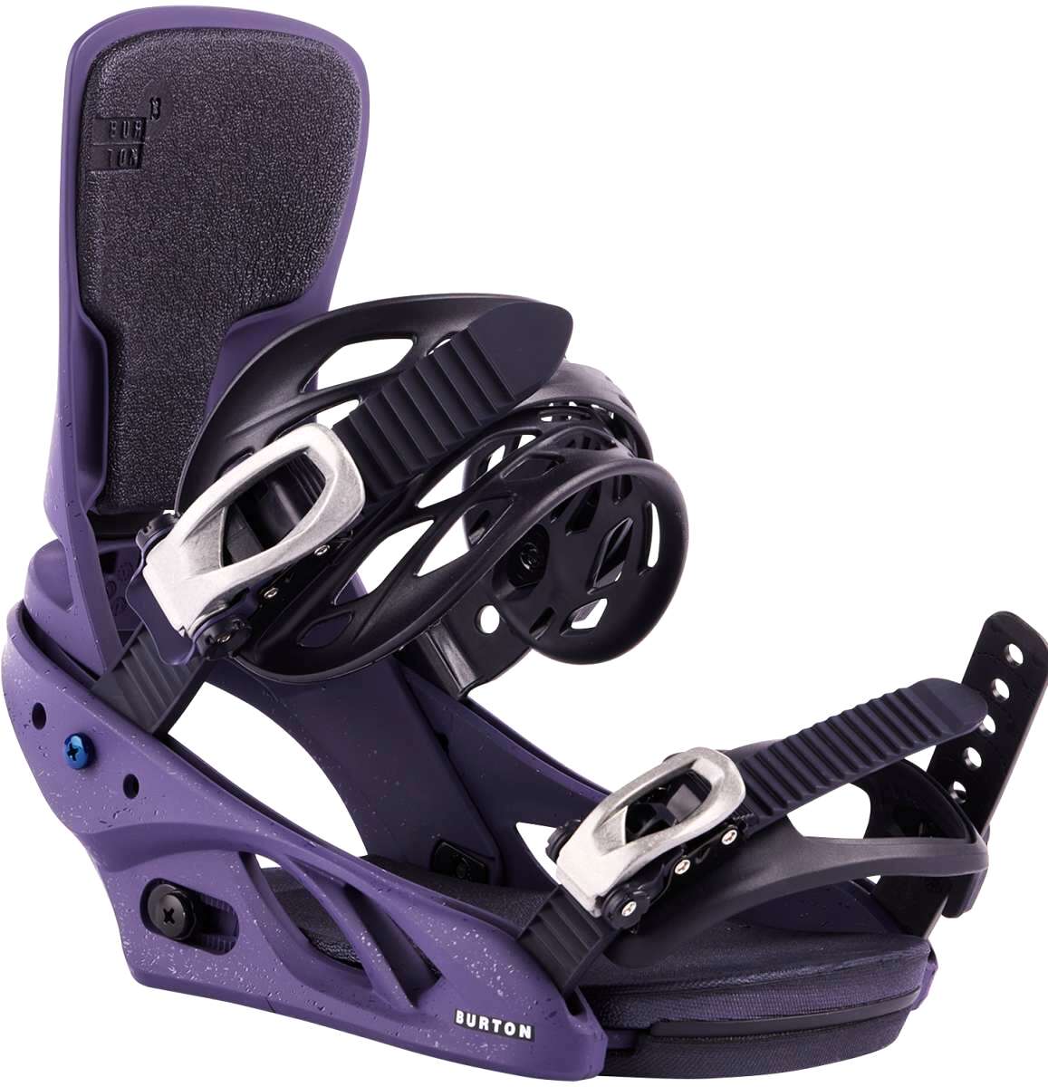Burton Women's Lexa Snowboard Bindings - A pair of purple snowboard bindings with silver buckles and straps, featuring a textured pattern on the baseplate.