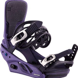 Burton Women's Lexa Snowboard Bindings - A pair of purple snowboard bindings with silver buckles and straps, featuring a textured pattern on the baseplate.