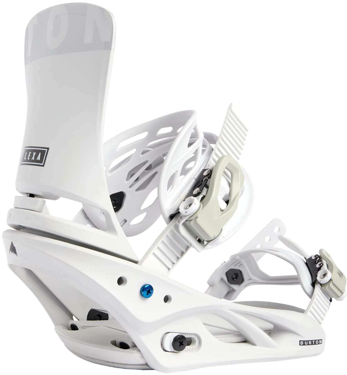 Burton Women's Lexa Snowboard Bindings - A white snowboard binding with a black logo on the strap and a blue screw visible in the center.