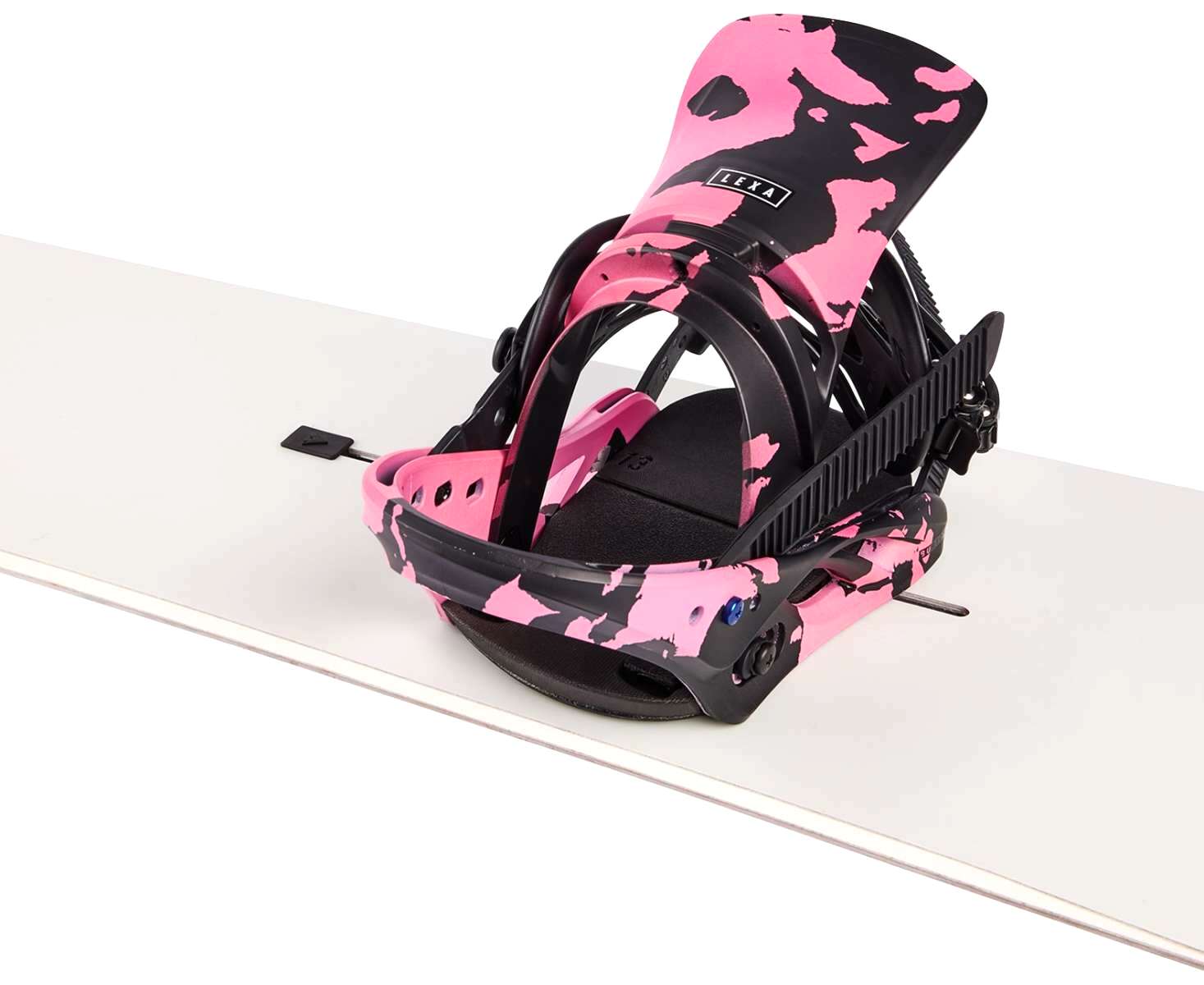 Burton Women's Lexa Snowboard Bindings - A pink and black camouflage patterned snowboard binding with a black strap and buckle.