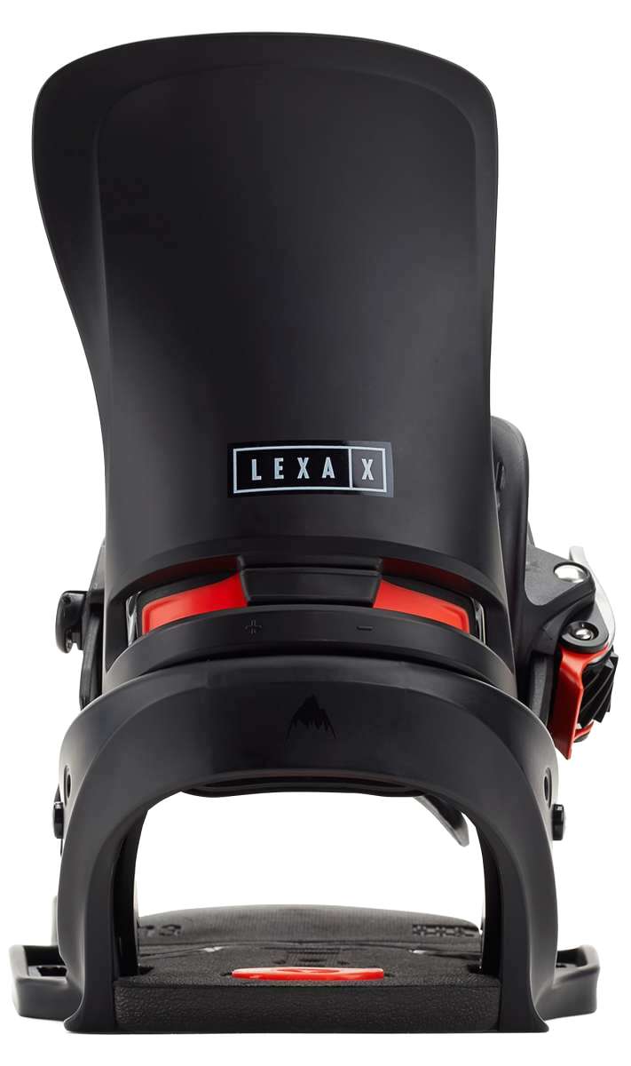 Burton Women's Lexa X EST Snowboard Binding - A black snowboard binding with a red strap and buckle, featuring the word "LEXA" in white letters on the top of the binding.