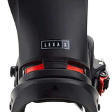 Burton Women's Lexa X EST Snowboard Binding - A black snowboard binding with a red strap and buckle, featuring the word "LEXA" in white letters on the top of the binding.