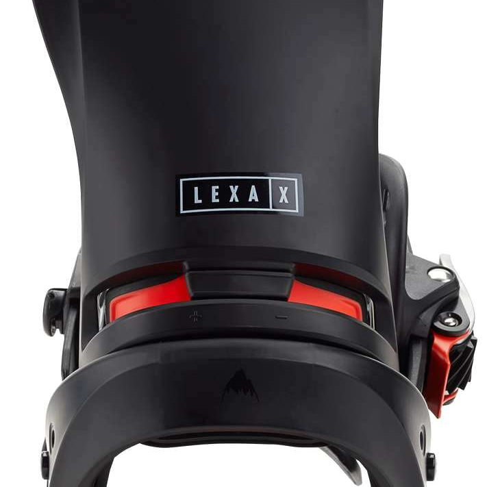 Burton Women's Lexa X EST Snowboard Binding - A black snowboard binding with a red strap and buckle, featuring the word "LEXA" in white letters on the top of the binding.