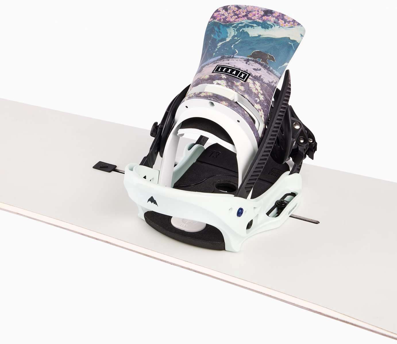 Burton Women's Lexa X EST Snowboard Binding 2023 - A black and white binding with a floral pattern on top, featuring a bear logo in the center.