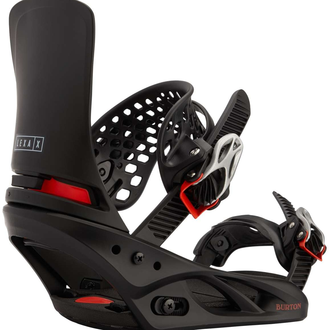 Burton Women's Lexa X Snowboard Binding 2023 - A black snowboard binding with a white logo on the strap and red accents.