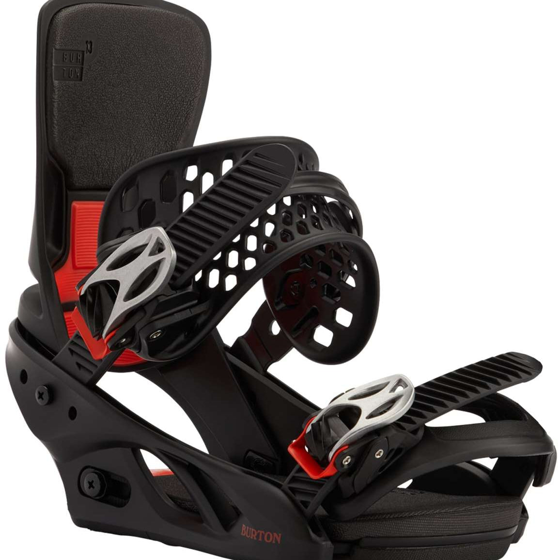 Burton Women's Lexa X Snowboard Binding 2023 - A black snowboard binding with a red strap and silver buckles.