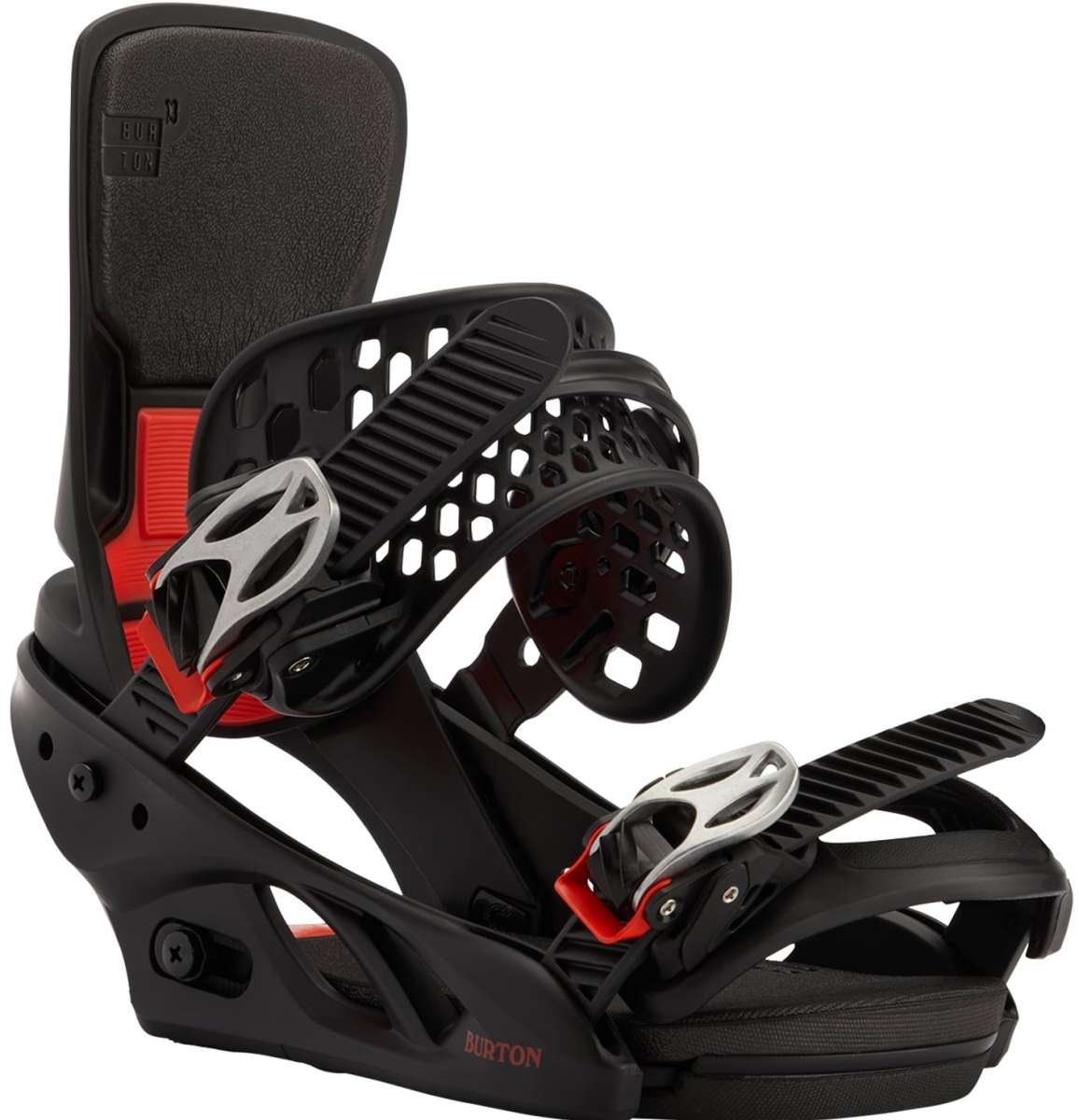 Burton Women's Lexa X Snowboard Binding 2023 - A black snowboard binding with a red strap and silver buckles.