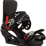 Burton Women's Lexa X Snowboard Binding 2023 - A black snowboard binding with a red strap and silver buckles.