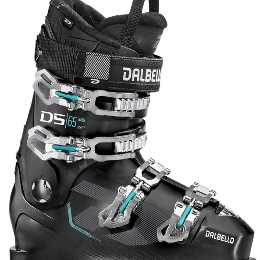 Dalbello Ladies DS MX 65 Boots 2021-2022 - Black ski boot with silver buckles and teal accents.