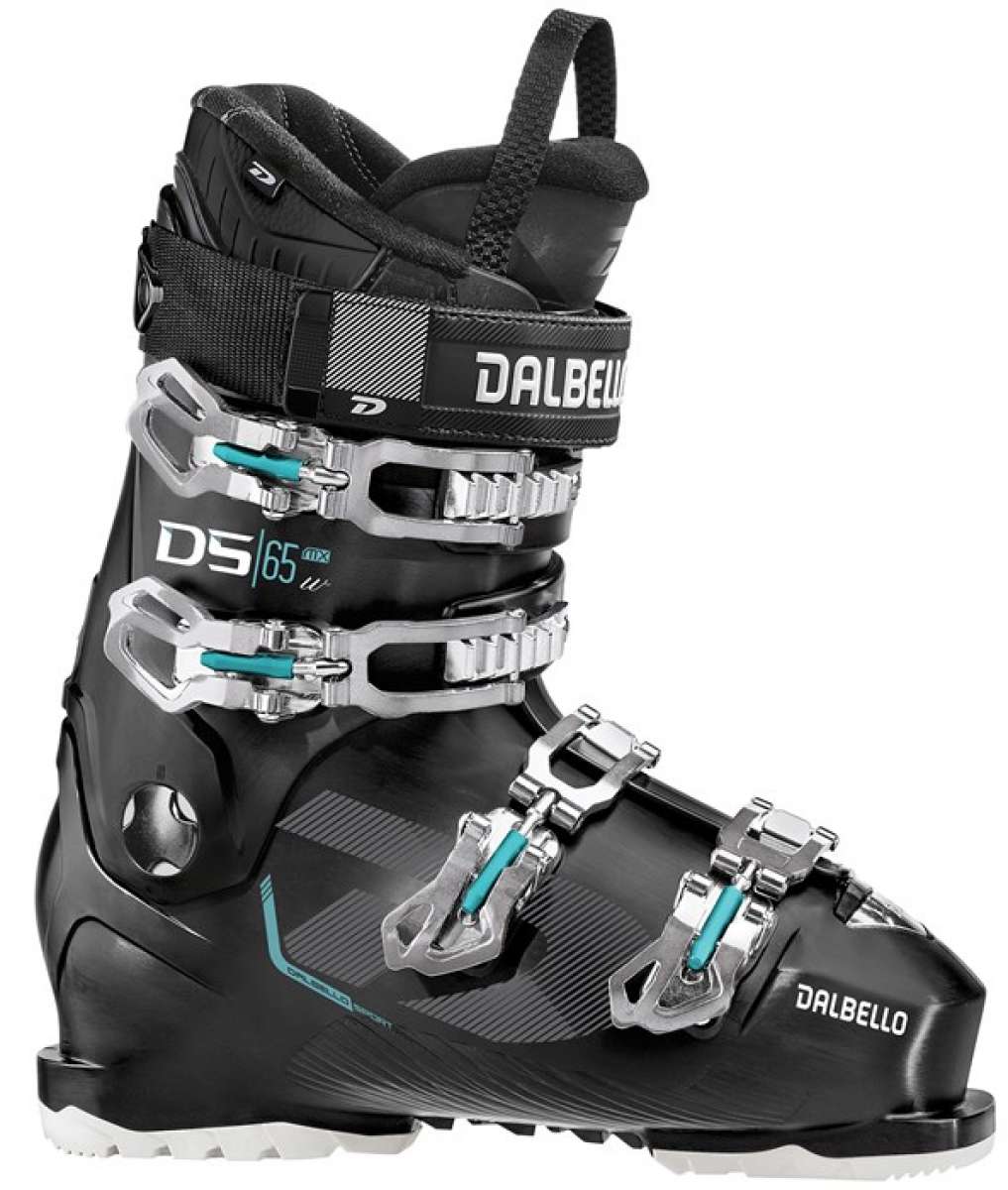 Dalbello Ladies DS MX 65 Boots 2021-2022 - Black ski boot with silver buckles and teal accents.