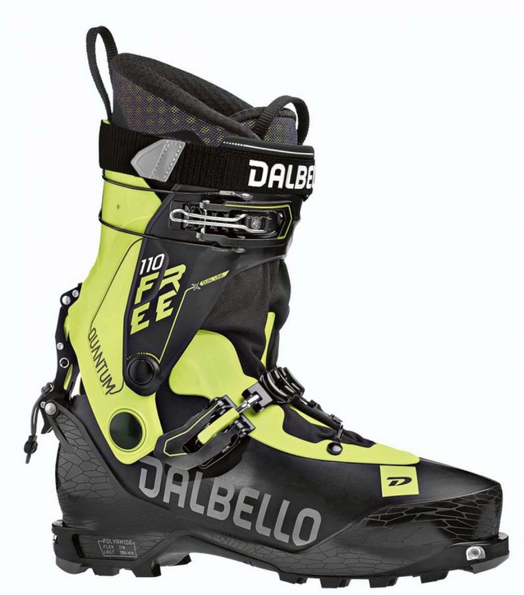 Dalbello Quantum Free 110 GW Ski Boots 2021-2022 - Black ski boots with yellow accents and a textured sole.