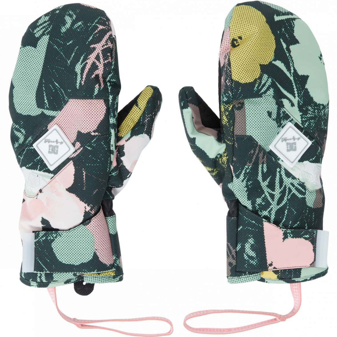 DC Women's AW Franchise Mittens 2024 - A pair of mittens with a pink and green floral pattern on a black background, featuring a strap at the wrist.