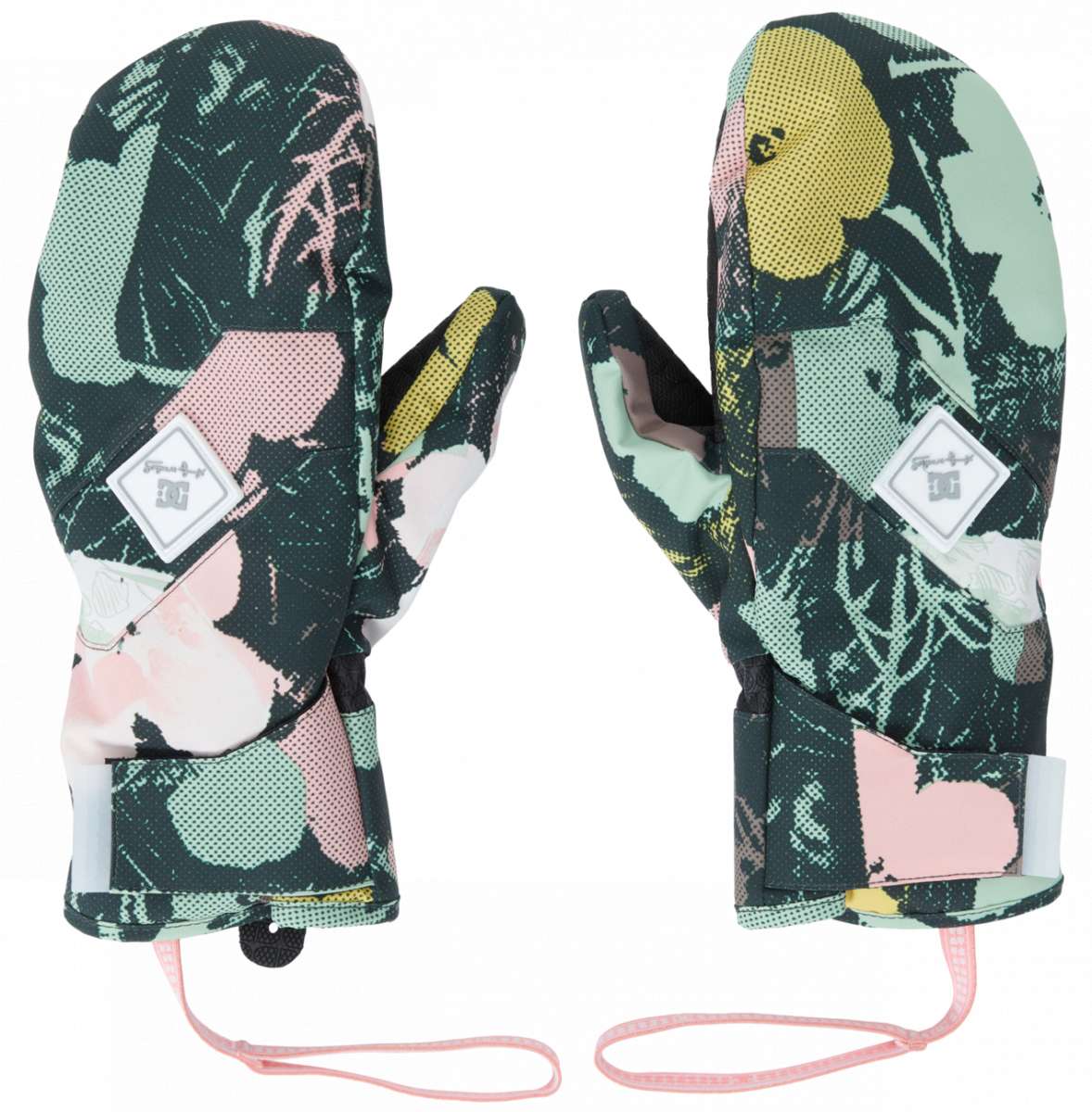 DC Women's AW Franchise Mittens 2024 - A pair of mittens with a pink and green floral pattern on a black background, featuring a strap at the wrist.