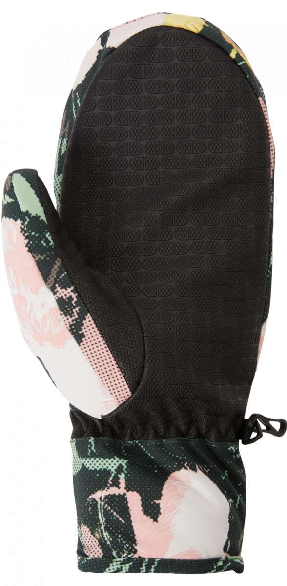 DC Women's AW Franchise Mittens 2024 - Black mittens with a pink and green abstract pattern on the back of the hand.