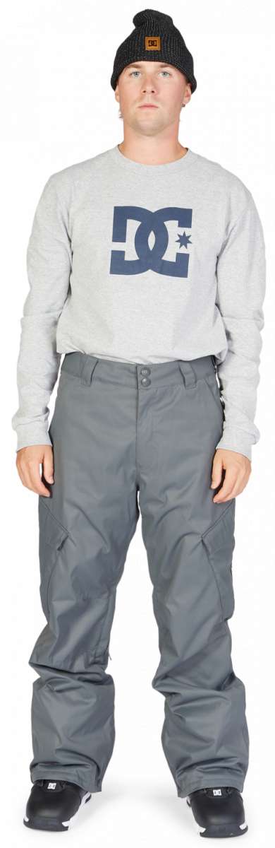 DC Banshee Insulated Pant 2023 - A pair of gray snowboard pants with a black logo on the left thigh and a zippered pocket on the right hip.